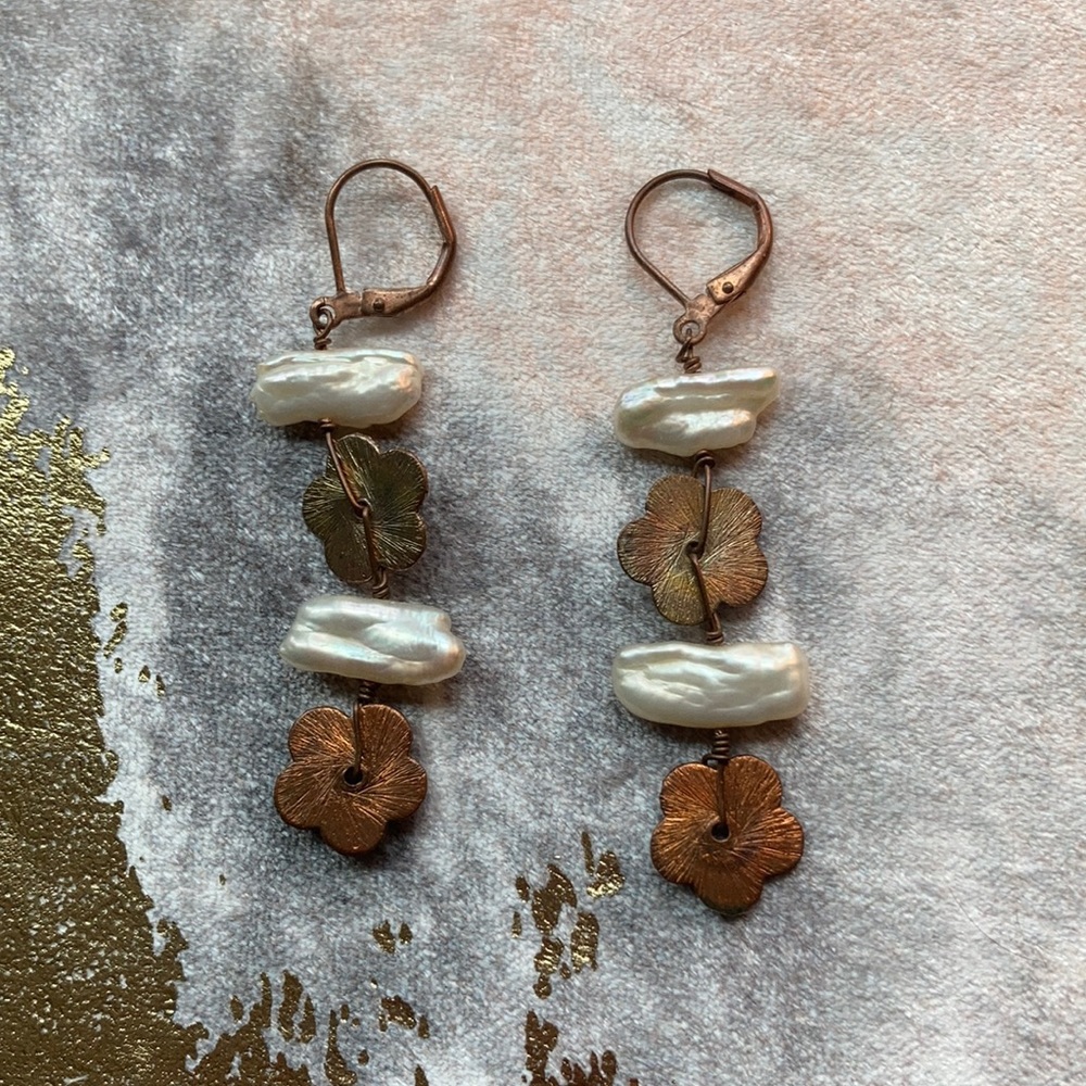 Handmade Copper & Pearl Vertical Strung Earrings